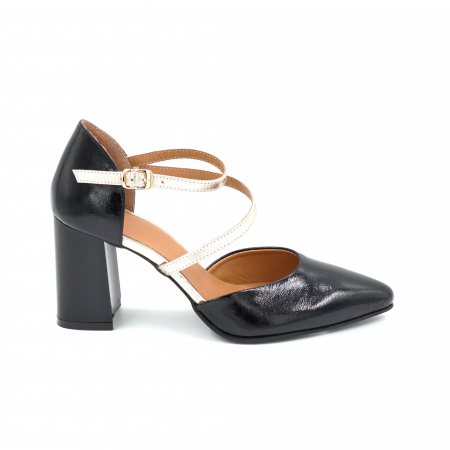 Sandale dama - Sandale dama din piele naturala lacuita neagra si aurie cu varf ascutit stiletto si toc mediu gros de 8 cm 1037-1-25