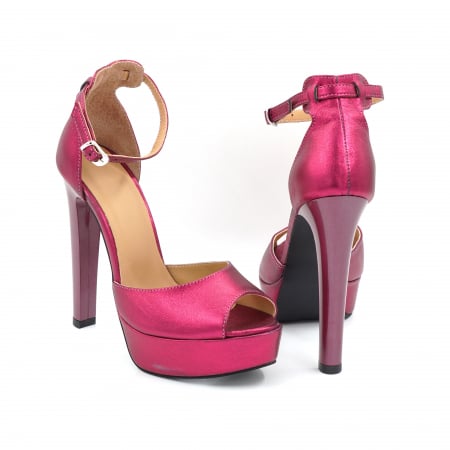 Sandale dama din piele naturala fucsia metalizata cu varf rotund, platforma de 3 cm si toc inalt gros de 13 cm 5616-1-25 [4]