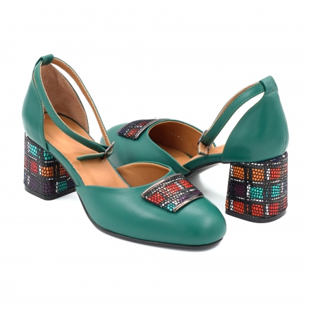 Sandale elegant & office dama - Sandale dama din piele naturala verde menta si cu imprimeu multicolor cu varf semirotund si toc mic gros imbracat  de 6 cm 1087-25
