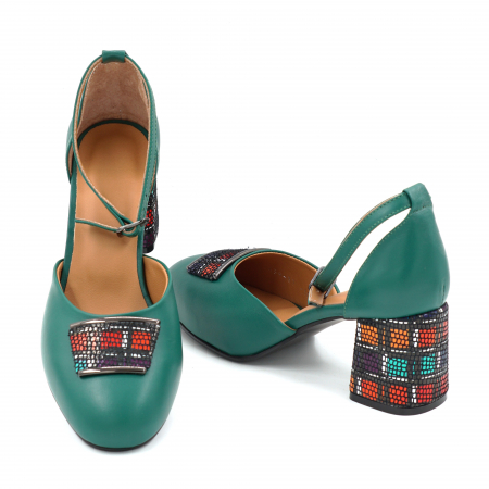 Sandale dama din piele naturala verde menta si cu imprimeu multicolor cu varf semirotund si toc mic gros imbracat  de 6 cm 1087-25 [3]