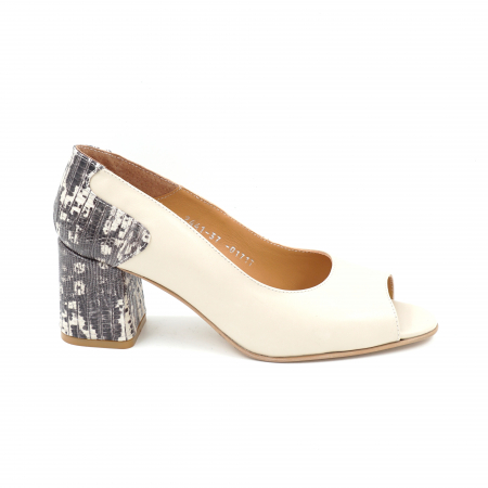 Sandale elegant & office dama - Pantofi decupati  dama din piele naturala nude bej si cu imprimeu cu varf rotund si toc mic gros imbracat de 6 cm 01717-25