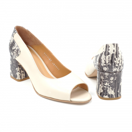 Pantofi decupati  dama din piele naturala nude bej si cu imprimeu cu varf rotund si toc mic gros imbracat de 6 cm 01717-25 [4]