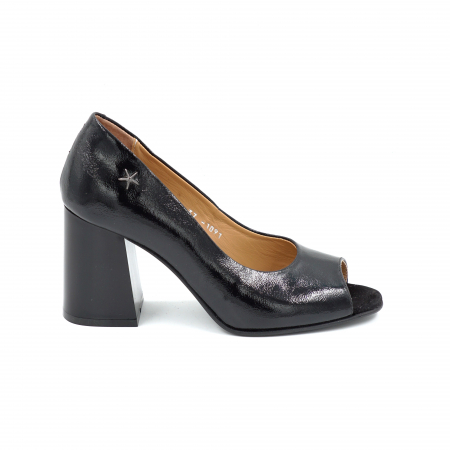 Sandale dama - Pantofi decupati dama din piele naturala lacuita neagra cu varf semirotund si toc mediu gros de 8 cm 1091-25