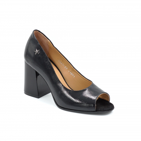 Pantofi decupati dama din piele naturala lacuita neagra cu varf semirotund si toc mediu gros de 8 cm 1091-25 [1]