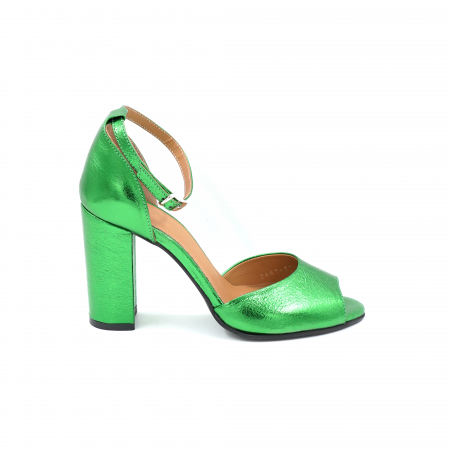 Sandale damă - Sandale dama din piele naturala verde crud metalizat cu varf rotund si toc inalt gros imbracat de 9 cm 1054-25