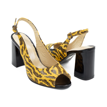 Sandale dama din piele naturala galben mustar cu imprimeu negru, cu varf rotund si toc mediu gros de 8 cm 1026-26 [3]