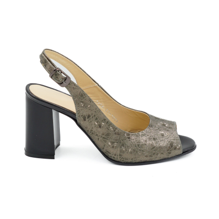 Sandale damă - Sandale dama din piele naturala cu imprimeu 3D olive, cu varf rotund si toc mediu gros de 8 cm 1026-3-26