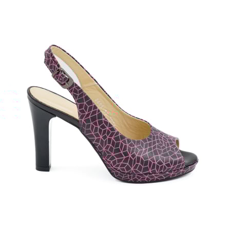 Dama - Sandale dama din piele naturala neagra cu imprimeu fucsia, cu varf rotund si toc inalt gros de 10 cm si platforma 1 cm 1026-1-26