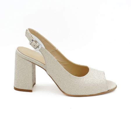 Lichidare stocuri - Sandale dama din piele naturala nude bej cu imprimeu brodat, cu varf rotund si toc mediu gros imbracat de 8 cm 1026-2-26