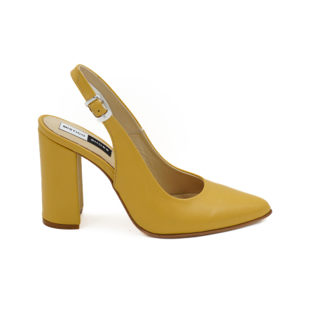 Lichidare stocuri - Sandale dama din piele naturala galben mustar cu varf ascutit stiletto si toc inalt gros imbracat 9 cm 0124-4-26