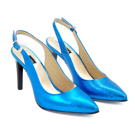 Sandale dama din piele naturala albastru metalizat cu imprimeu sarpe, cu varf ascutit stiletto si toc inalt subtire 9 cm 0124-5-26 [2]