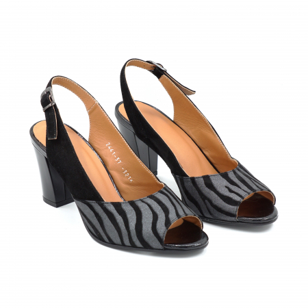 Sandale dama din piele naturala intoarsa neagra si cu imprimeu zebra negru cu dungi argintii cu varf rotund si toc mediu gros de 7 cm 3216-25 [1]