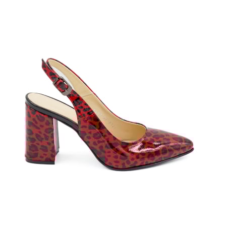Dama - Sandale dama din piele naturala lacuita rosie cu imprimeu leopard, cu varf ascutit stiletto si toc mediu gros imbracat de 8 cm 0124-26