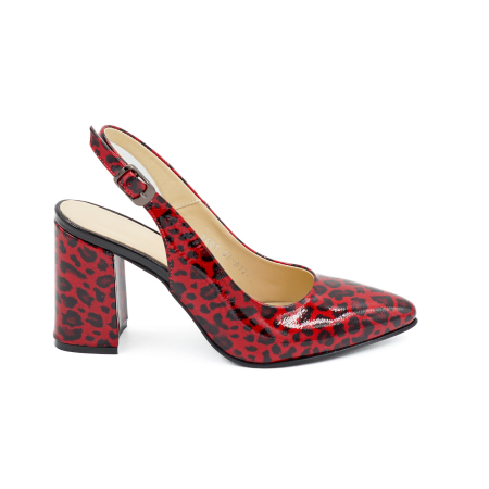 Lichidare stocuri - Sandale dama din piele naturala lacuita rosie cu imprimeu leopard, cu varf ascutit stiletto si toc mediu gros imbracat de 8 cm 0124-26