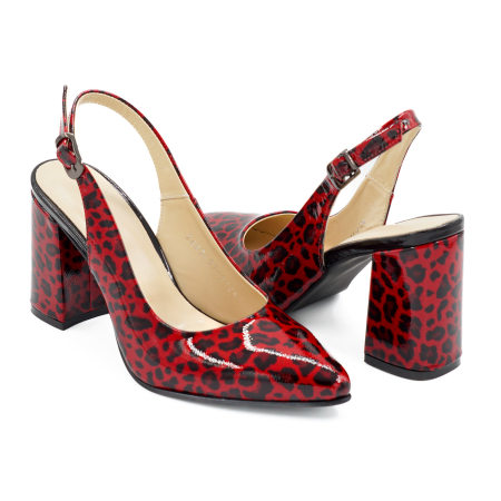 Sandale dama din piele naturala lacuita rosie cu imprimeu leopard, cu varf ascutit stiletto si toc mediu gros imbracat de 8 cm 0124-26 [3]