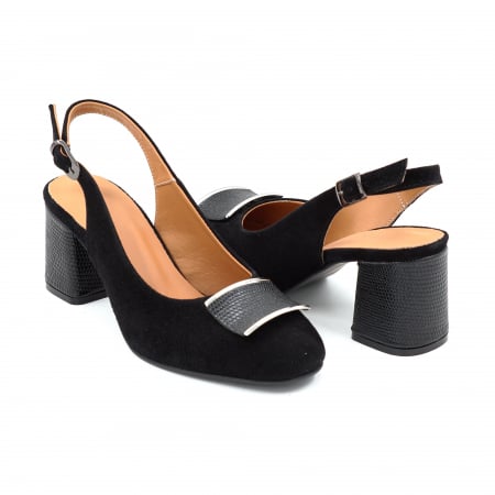 Sandale dama - Sandale dama din piele naturala intoarsa neagra cu varf rotund si toc mic gros imbracat 6 cm 0824-1-25