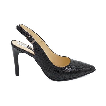 Dama - Sandale dama din piele naturala lacuita croco negru, cu varf ascutit stiletto si toc inalt subtire 9 cm 0124-8-26