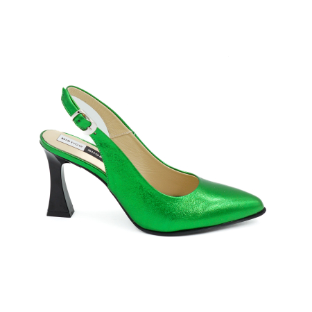 Sandale elegant & office dama - Sandale dama din piele naturala verde deschis metalizat cu varf ascutit stiletto si toc mediu subtire 8 cm 0124-14-26