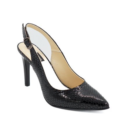 Sandale dama din piele naturala lacuita croco negru, cu varf ascutit stiletto si toc inalt subtire 9 cm 0124-8-26 [1]