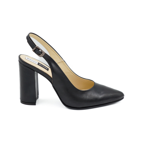 Lichidare stocuri - Sandale dama din piele naturala neagra, cu varf ascutit stiletto si toc inalt gros imbracat 9 cm 0124-9-26
