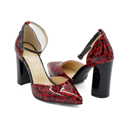 Sandale dama din piele naturala lacuita rosie cu imprimeu leopard, cu varf ascutit stiletto si toc inalt gros 9 cm 1035-2-26 [3]