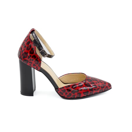 Dama - Sandale dama din piele naturala lacuita rosie cu imprimeu leopard, cu varf ascutit stiletto si toc inalt gros 9 cm 1035-2-26