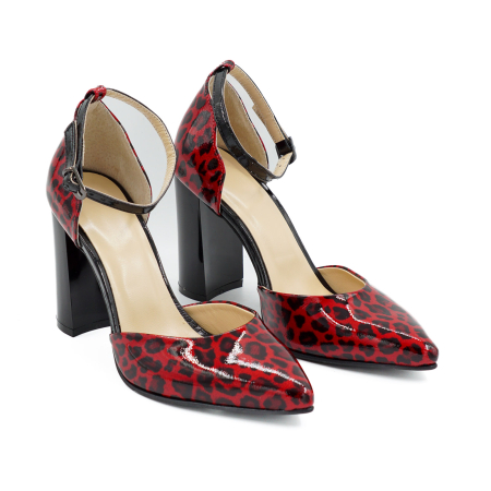 Sandale dama din piele naturala lacuita rosie cu imprimeu leopard, cu varf ascutit stiletto si toc inalt gros 9 cm 1035-2-26 [2]