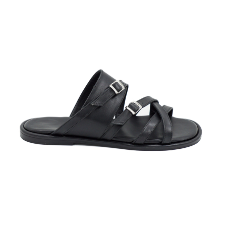 Sandale damă - Slapi dama din piele naturala neagra, cu varf rotund si talpa 2 cm 2226-26