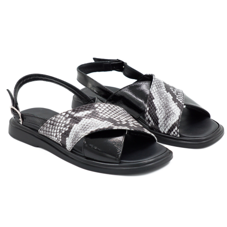 Sandale dama din piele naturala lacuita neagra si cu imprimeu sarpe, cu varf rotund si talpa joasa 3 cm 1126-4-26 [2]