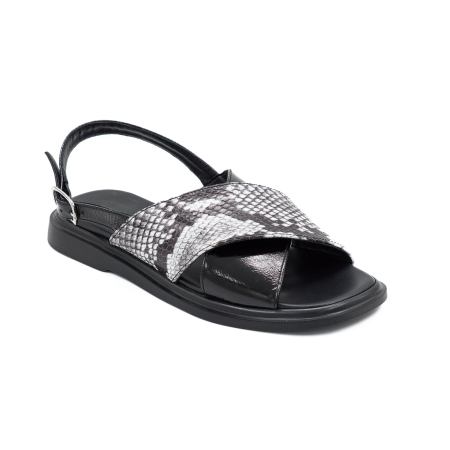 Sandale dama din piele naturala lacuita neagra si cu imprimeu sarpe, cu varf rotund si talpa joasa 3 cm 1126-4-26 [1]