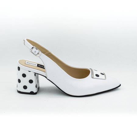 Sandale dama din piele naturala alba si cu buline negre, cu varf ascutit stiletto si toc mic gros imbracat de 6 cm 0924-1-26 [1]