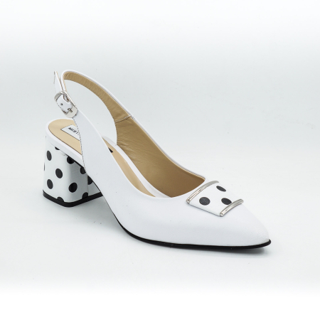 Sandale dama din piele naturala alba si cu buline negre, cu varf ascutit stiletto si toc mic gros imbracat de 6 cm 0924-1-26 [2]