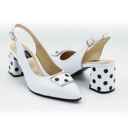 Sandale elegant & office dama - Sandale dama din piele naturala alba si cu buline negre, cu varf ascutit stiletto si toc mic gros imbracat de 6 cm 0924-1-26