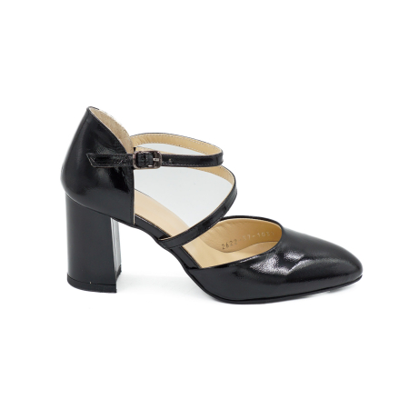 Sandale elegant & office dama - Sandale dama din piele naturala lacuita neagra, varf ascutit si toc mediu gros de 7 cm 1037-26