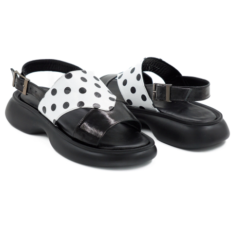 Sandale dama din piele naturala lacuita neagra si alba cu buline negre, cu varf rotund si talpa 3 cm 1420-26 [3]