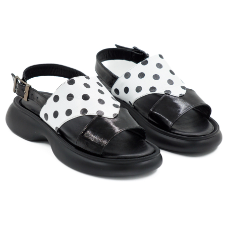 Sandale dama din piele naturala lacuita neagra si alba cu buline negre, cu varf rotund si talpa 3 cm 1420-26 [2]