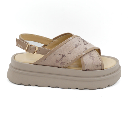 Sandale casual & sport dama - Sandale dama din piele naturala grej cu imprimeu, cu varf rotund si talpa 5 cm 0926-1-26