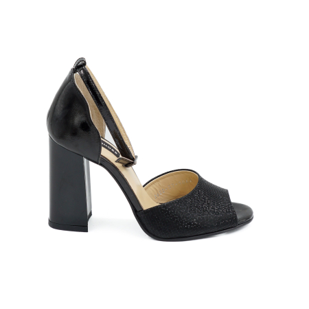 Sandale elegant & office dama - Sandale dama din piele naturala lacuita neagra, cu varf rotund si toc inalt gros de 9 cm 1064-26