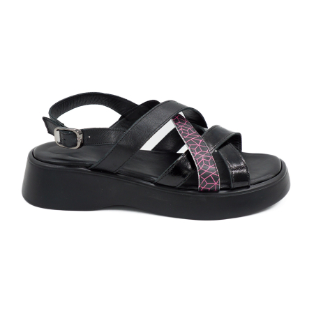 Sandale damă - Sandale dama din piele naturala neagra, lacuita neagra si neagra cu imprimeu fucsia, cu varf rotund si talpa 4 cm 1726-2-26