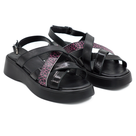 Sandale dama din piele naturala neagra, lacuita neagra si neagra cu imprimeu fucsia, cu varf rotund si talpa 4 cm 1726-2-26 [2]
