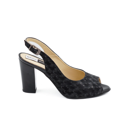 Sandale damă - Sandale dama din piele naturala neagra cu imprimeu 3D, cu varf rotund si toc mediu gros de 8 cm 1026-9-26