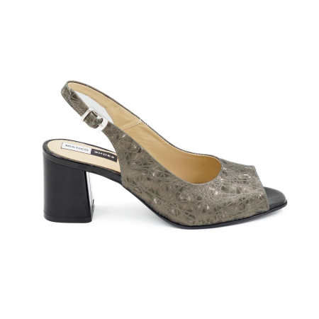 Sandale elegant & office dama - Sandale dama din piele naturala olive cu imprimeu 3D, cu varf rotund si toc mic gros 6 cm 1026-5-26