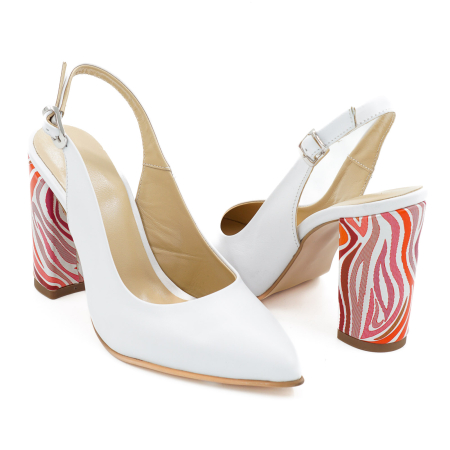 Sandale dama din piele naturala alba, cu varf ascutit stiletto si toc inalt gros imbracat 9 cm 0124-10-26 [3]