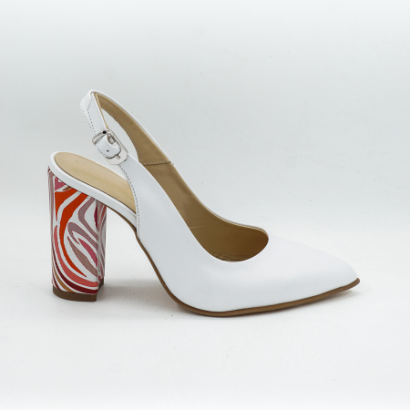 Sandale elegant & office dama - Sandale dama din piele naturala alba, cu varf ascutit stiletto si toc inalt gros imbracat 9 cm 0124-10-26
