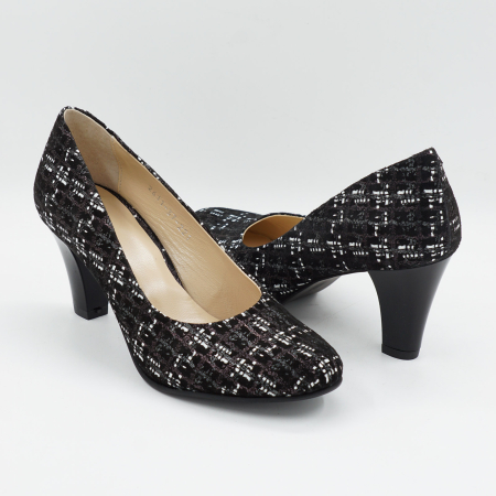 Pantofi dama din piele naturala neagra cu imprimeu, cu varf rotund si toc mediu gros de 7 cm 0221-26 [1]