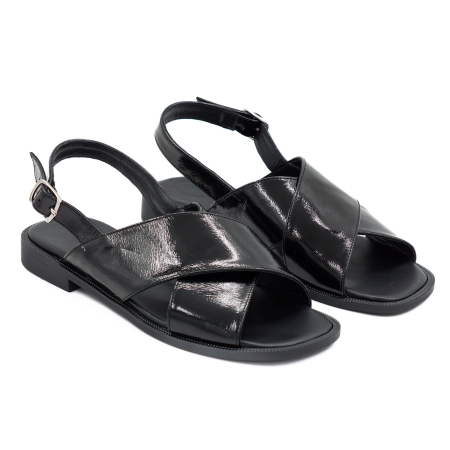 Sandale dama din piele naturala lacuita neagra, cu varf rotund si talpa joasa 2 cm 1126-3-26 [2]