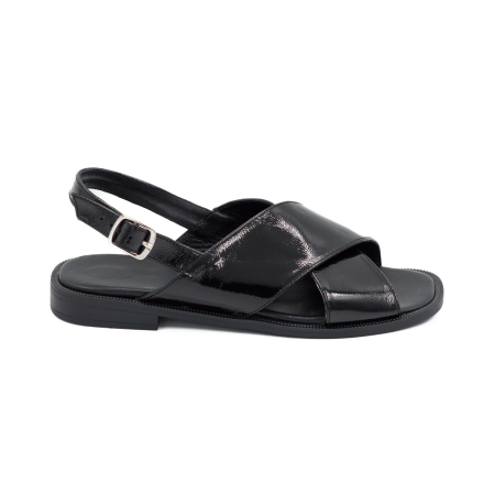 Sandale damă - Sandale dama din piele naturala lacuita neagra, cu varf rotund si talpa joasa 2 cm 1126-3-26