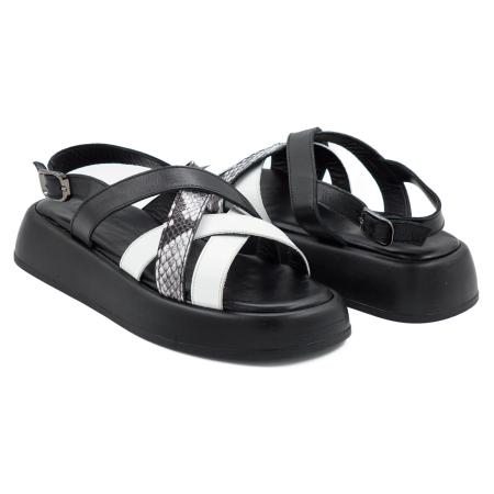 Sandale dama din piele naturala neagra, alba si cu imprimeu sarpe, cu varf rotund si talpa 4 cm 1726-26 [3]