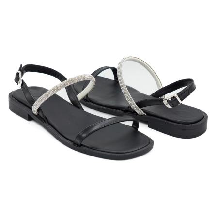 Sandale dama din piele naturala neagra si cu cristale argintii, cu varf rotund si talpa 1 cm 0126-1-26 [3]
