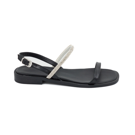 Sandale damă - Sandale dama din piele naturala neagra si cu cristale argintii, cu varf rotund si talpa 1 cm 0126-1-26